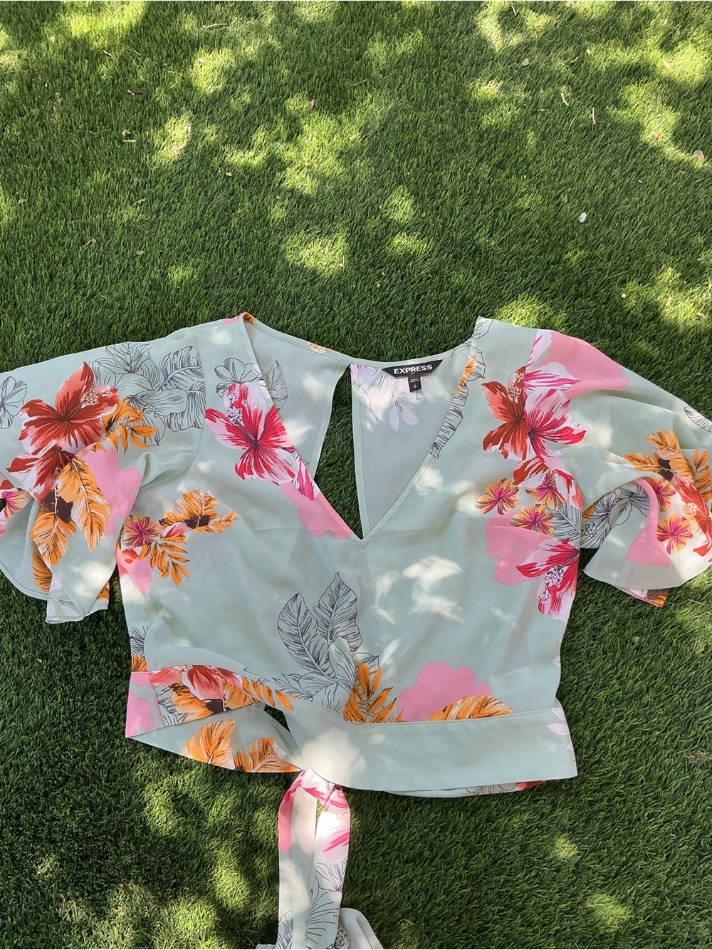 Express Mint Floral V-Neck Tie-Back Blouse